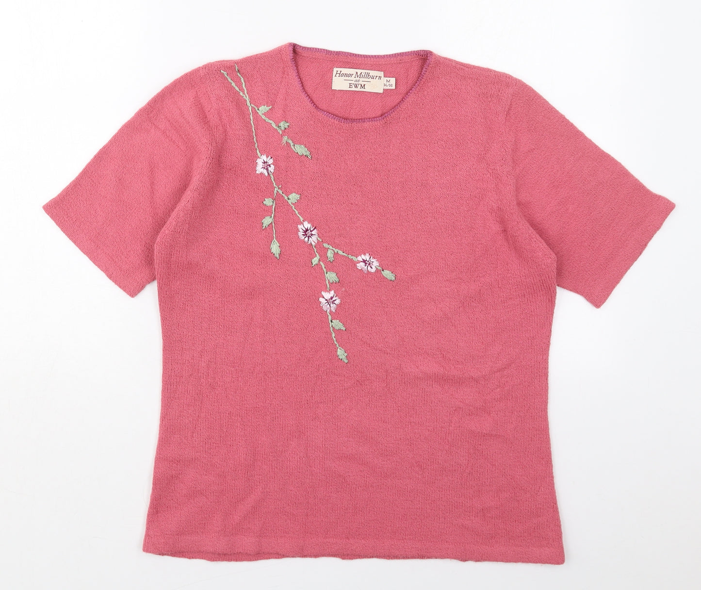 EWM Womens Pink Round Neck Floral Acrylic Pullover Jumper Size 14