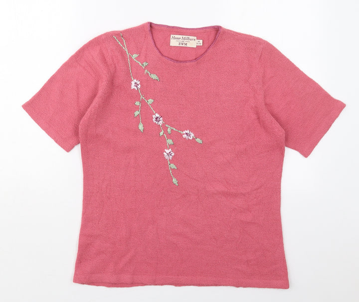 EWM Womens Pink Round Neck Floral Acrylic Pullover Jumper Size 14
