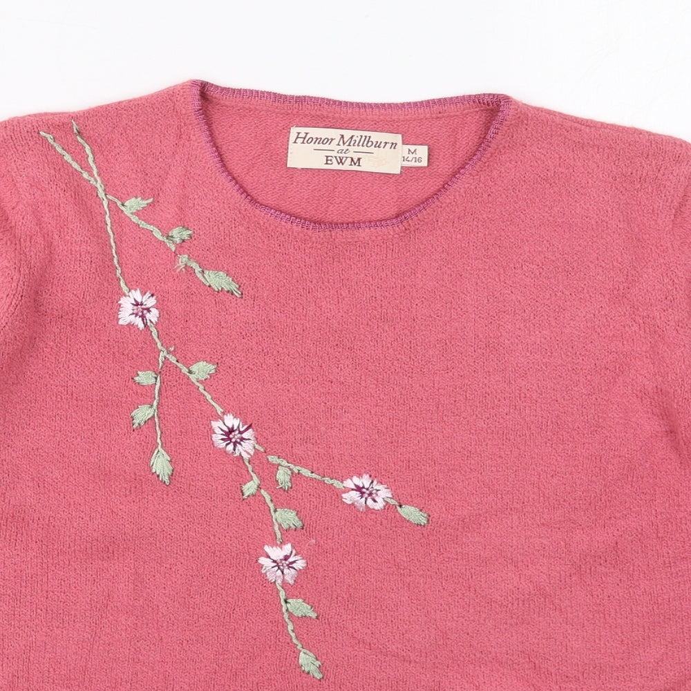 EWM Womens Pink Round Neck Floral Acrylic Pullover Jumper Size 14