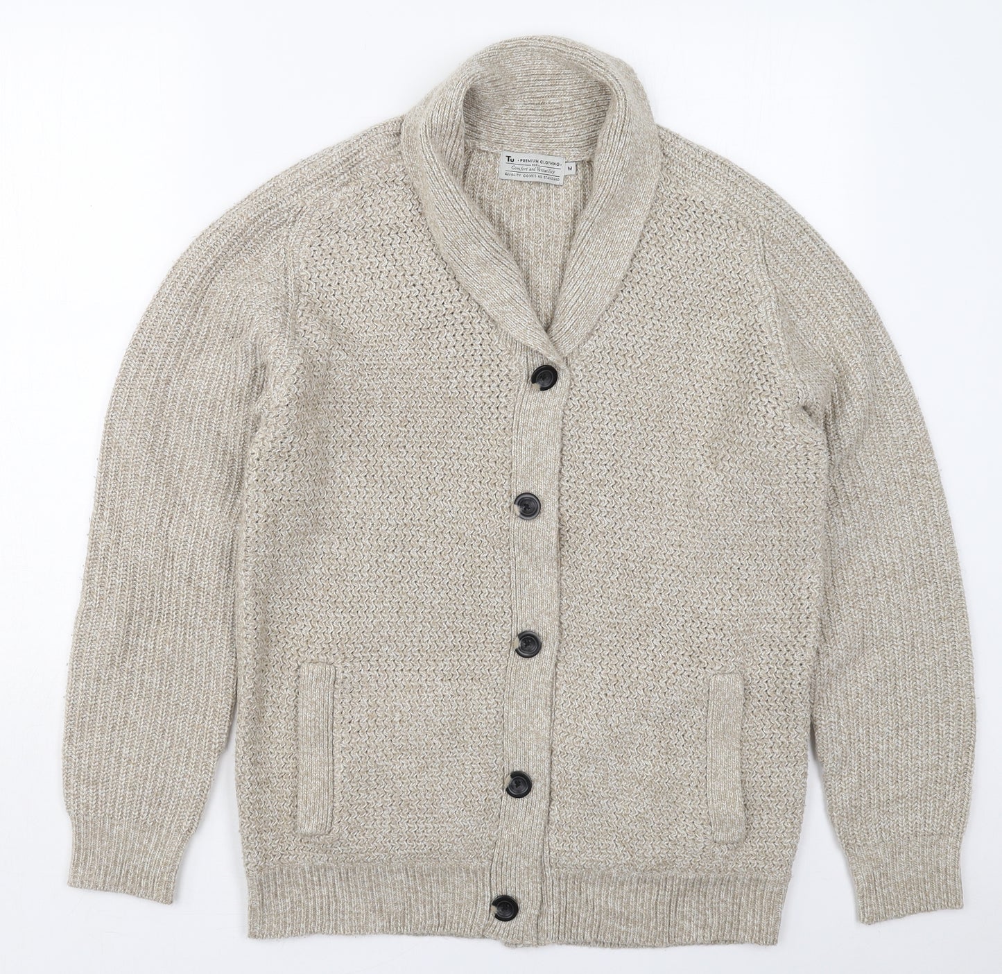 TU Mens Beige Collared  Acrylic Cardigan Jumper Size M