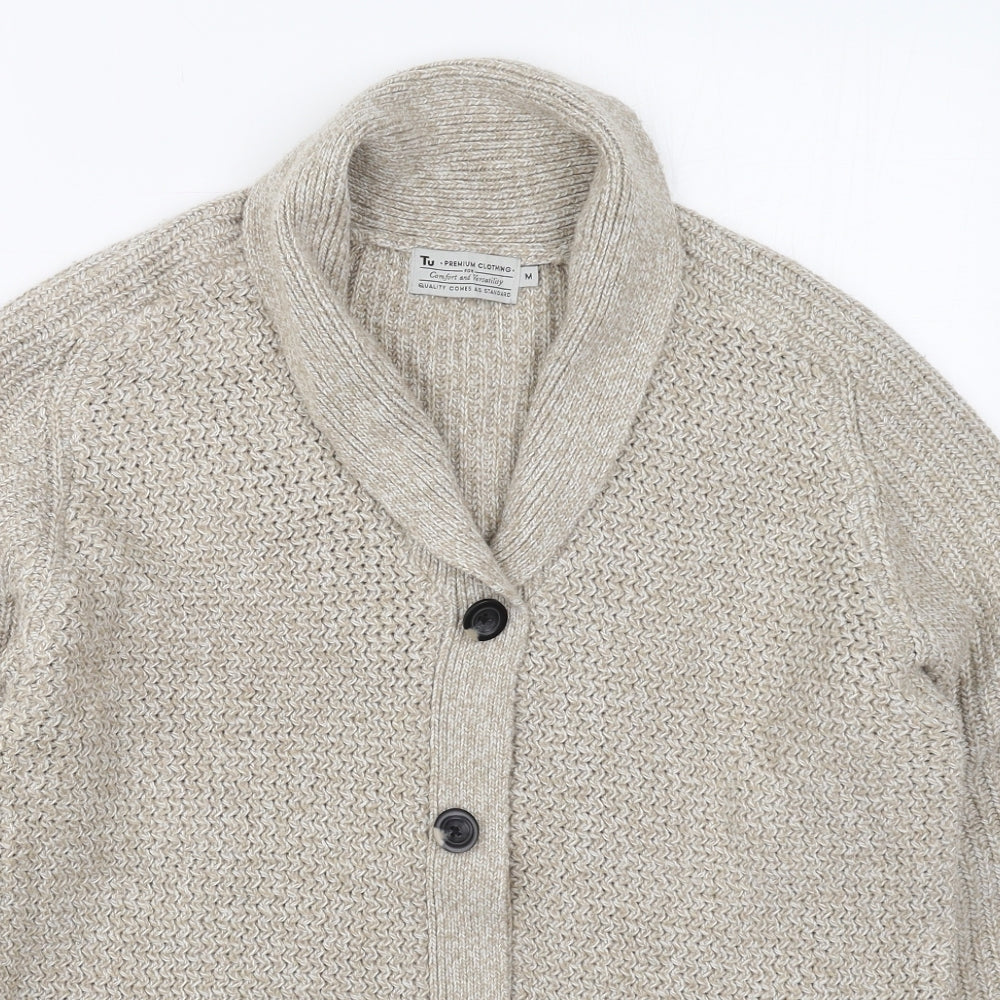 TU Mens Beige Collared  Acrylic Cardigan Jumper Size M