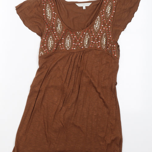 RJR.John Rocha Womens Brown Geometric Viscose Basic T-Shirt Size 12 Round Neck