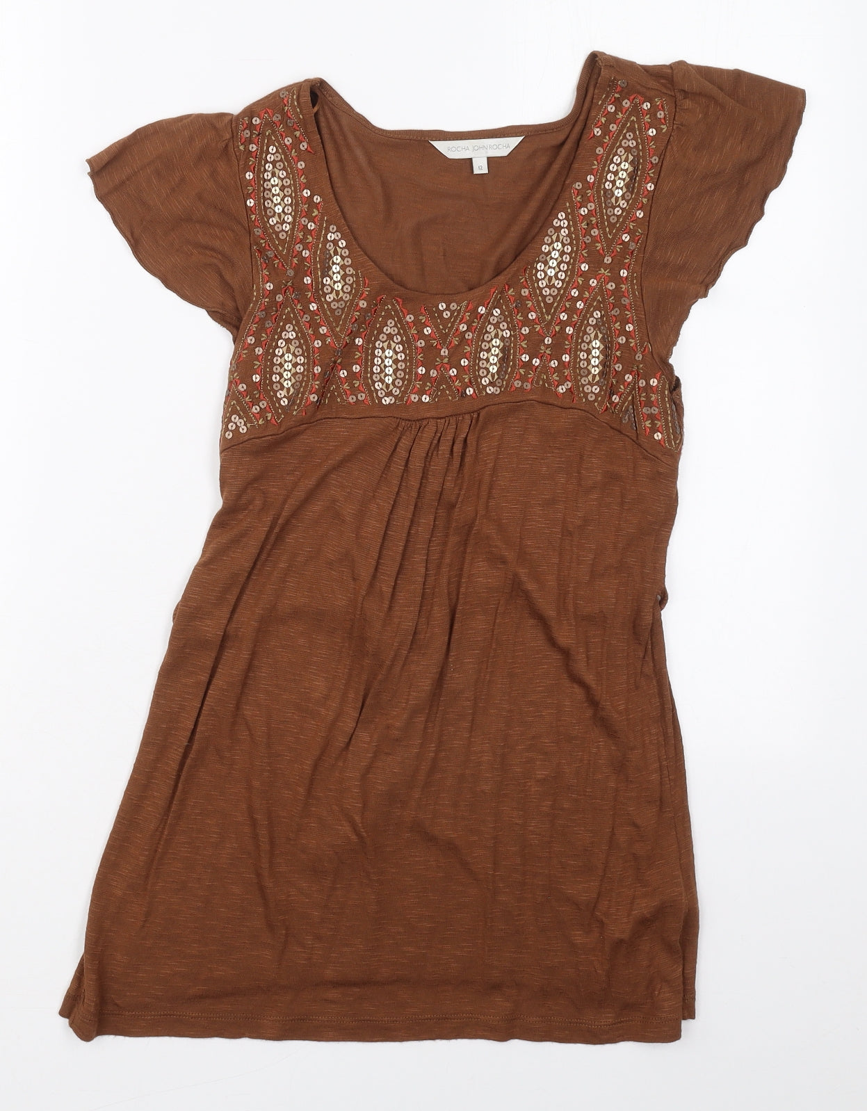 RJR.John Rocha Womens Brown Geometric Viscose Basic T-Shirt Size 12 Round Neck