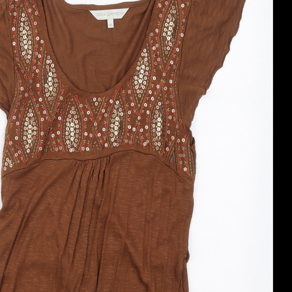 RJR.John Rocha Womens Brown Geometric Viscose Basic T-Shirt Size 12 Round Neck