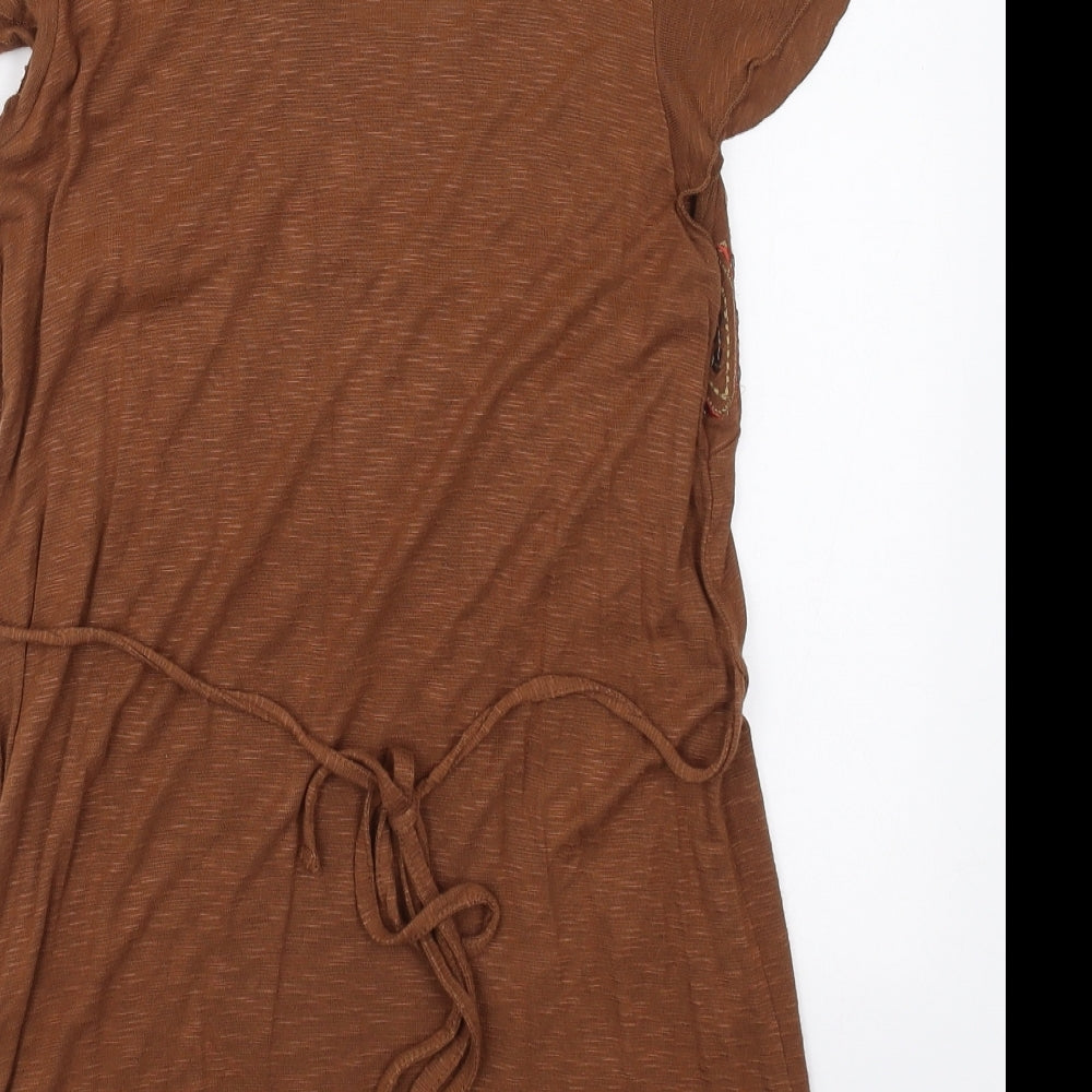 RJR.John Rocha Womens Brown Geometric Viscose Basic T-Shirt Size 12 Round Neck