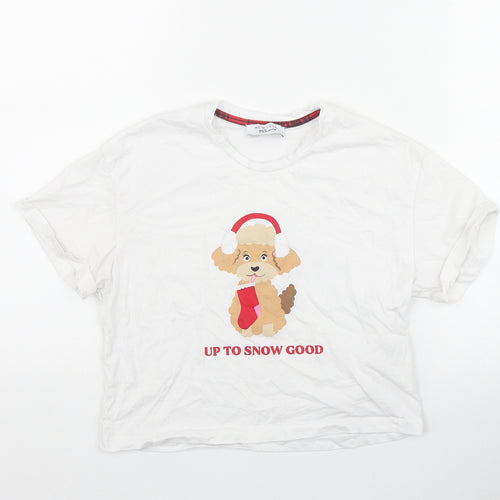 New Look Girls White  Cotton Basic T-Shirt Size XS Round Neck Pullover - 'Up to snow good'