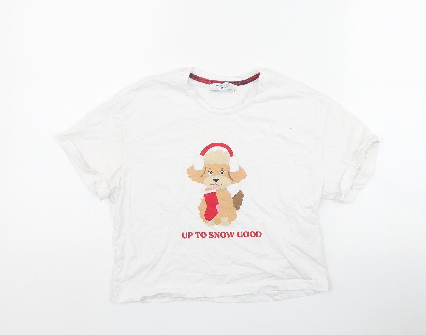 New Look Girls White  Cotton Basic T-Shirt Size XS Round Neck Pullover - 'Up to snow good'