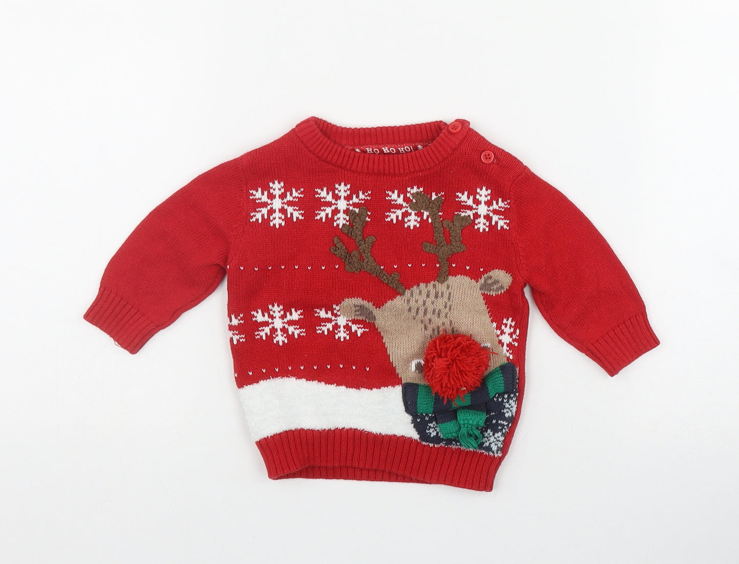 F&F Baby Red  Cotton Pullover Jumper Size 0-3 Months  Button - Christmas