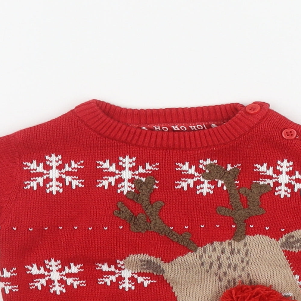 F&F Baby Red  Cotton Pullover Jumper Size 0-3 Months  Button - Christmas