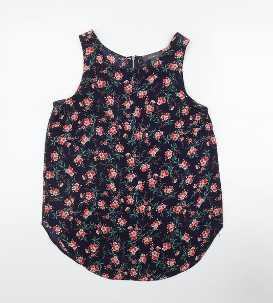 Front view of Primark women’s blue floral polyester basic tank, size UK 12, scoop neck