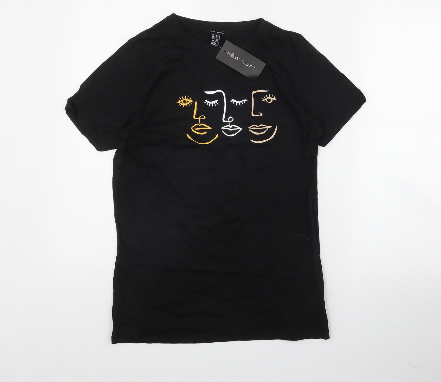 New Look Womens Black  Cotton Basic T-Shirt Size 10 Round Neck - Face print