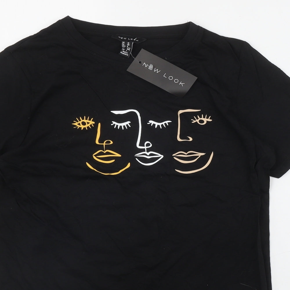New Look Womens Black  Cotton Basic T-Shirt Size 10 Round Neck - Face print