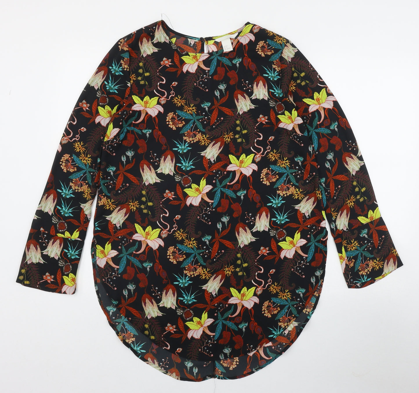 H&M Womens Black Floral Polyester Basic Blouse Size 10 Round Neck