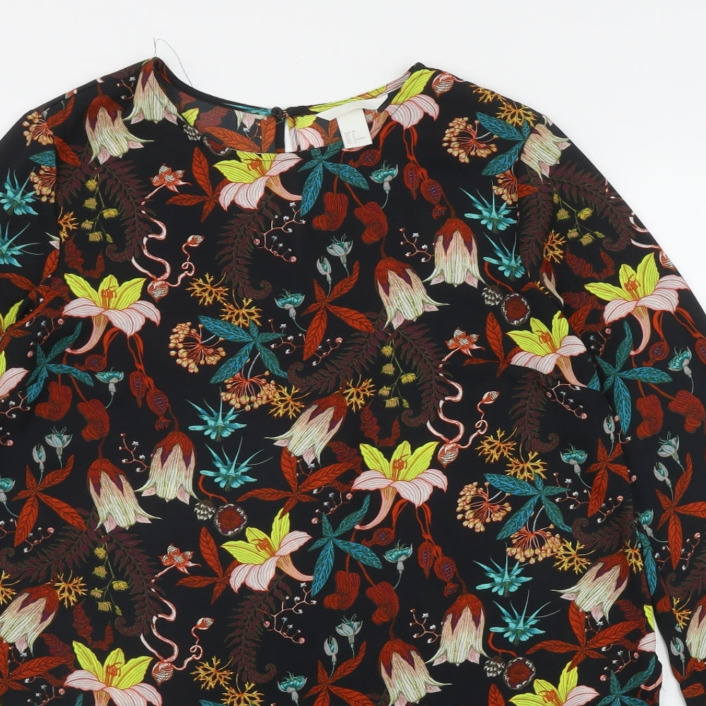 H&M Womens Black Floral Polyester Basic Blouse Size 10 Round Neck