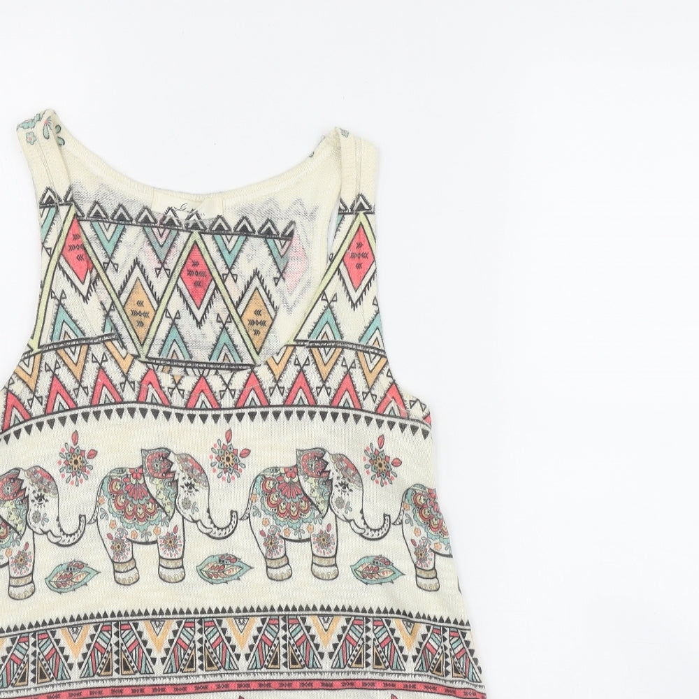 GAZE Womens Beige Geometric Polyester Basic Tank Size S Scoop Neck