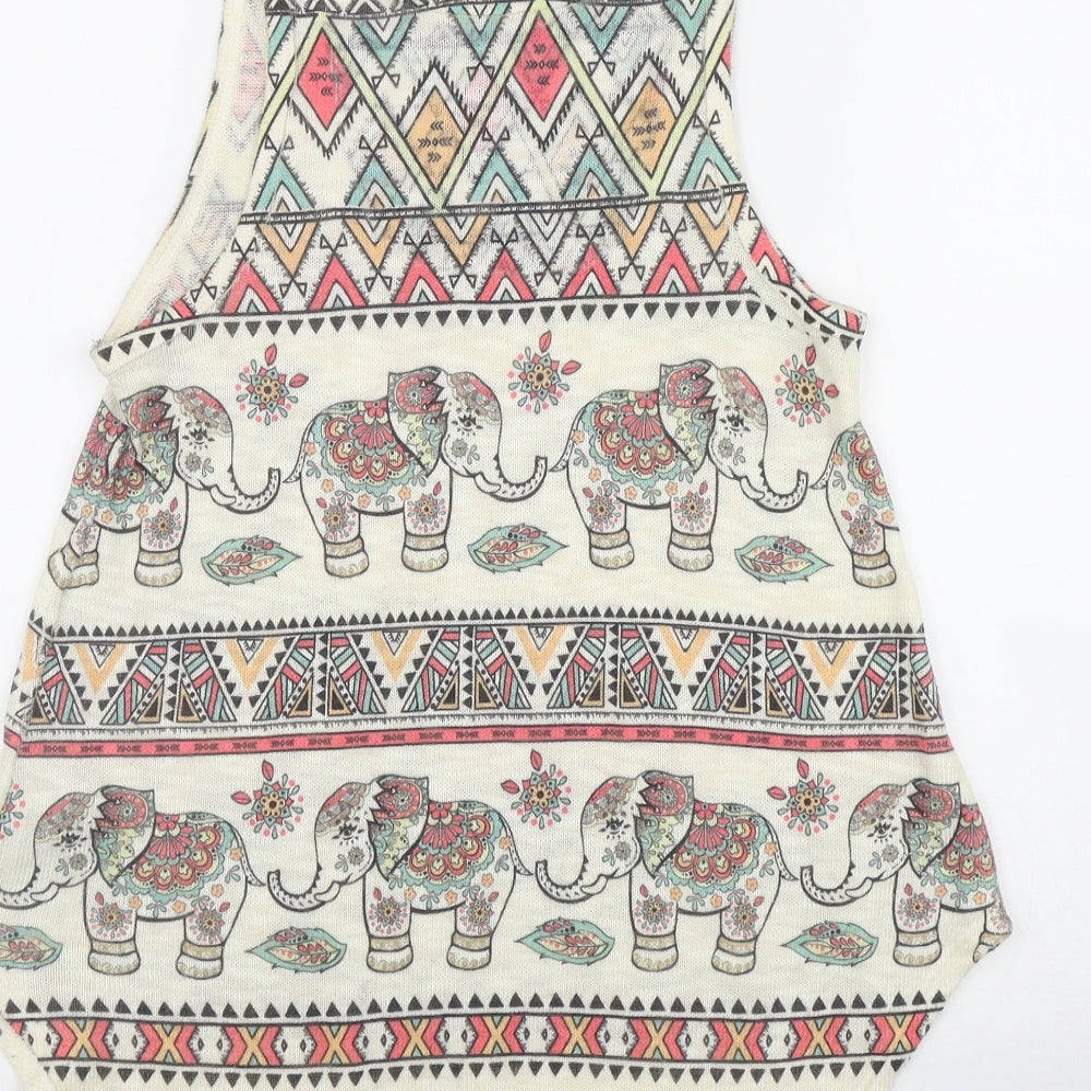 GAZE Womens Beige Geometric Polyester Basic Tank Size S Scoop Neck
