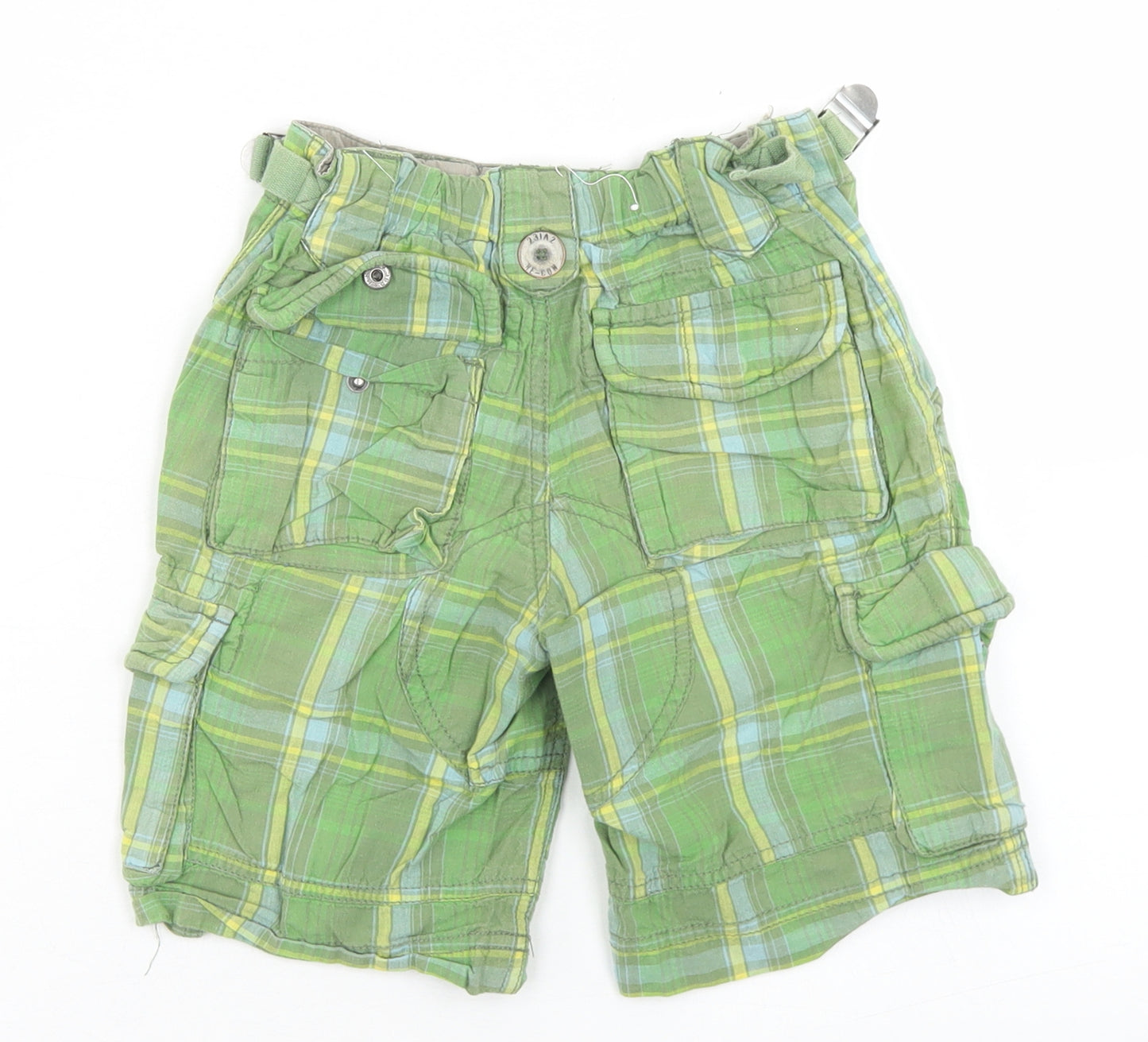 NEXT Boys Green Plaid Cotton Cargo Shorts Size 4 Years  Regular Buckle