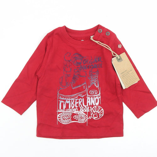 Timberland Boys Red  Cotton Basic T-Shirt Size 12 Months Crew Neck Button