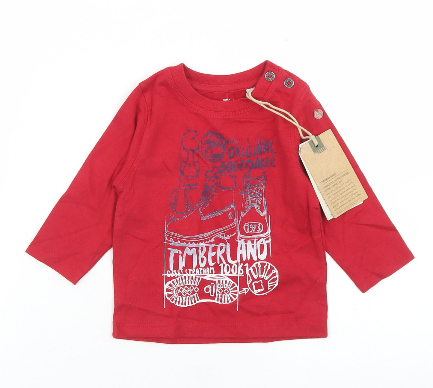 Timberland Boys Red  Cotton Basic T-Shirt Size 12 Months Crew Neck Button