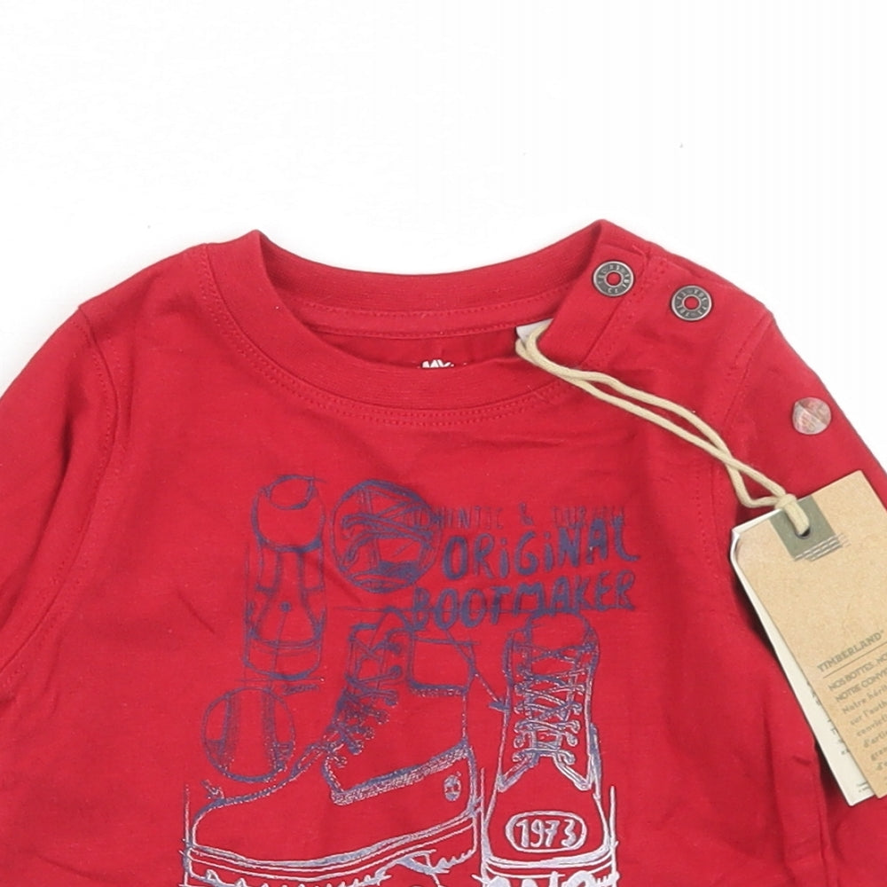Timberland Boys Red  Cotton Basic T-Shirt Size 12 Months Crew Neck Button