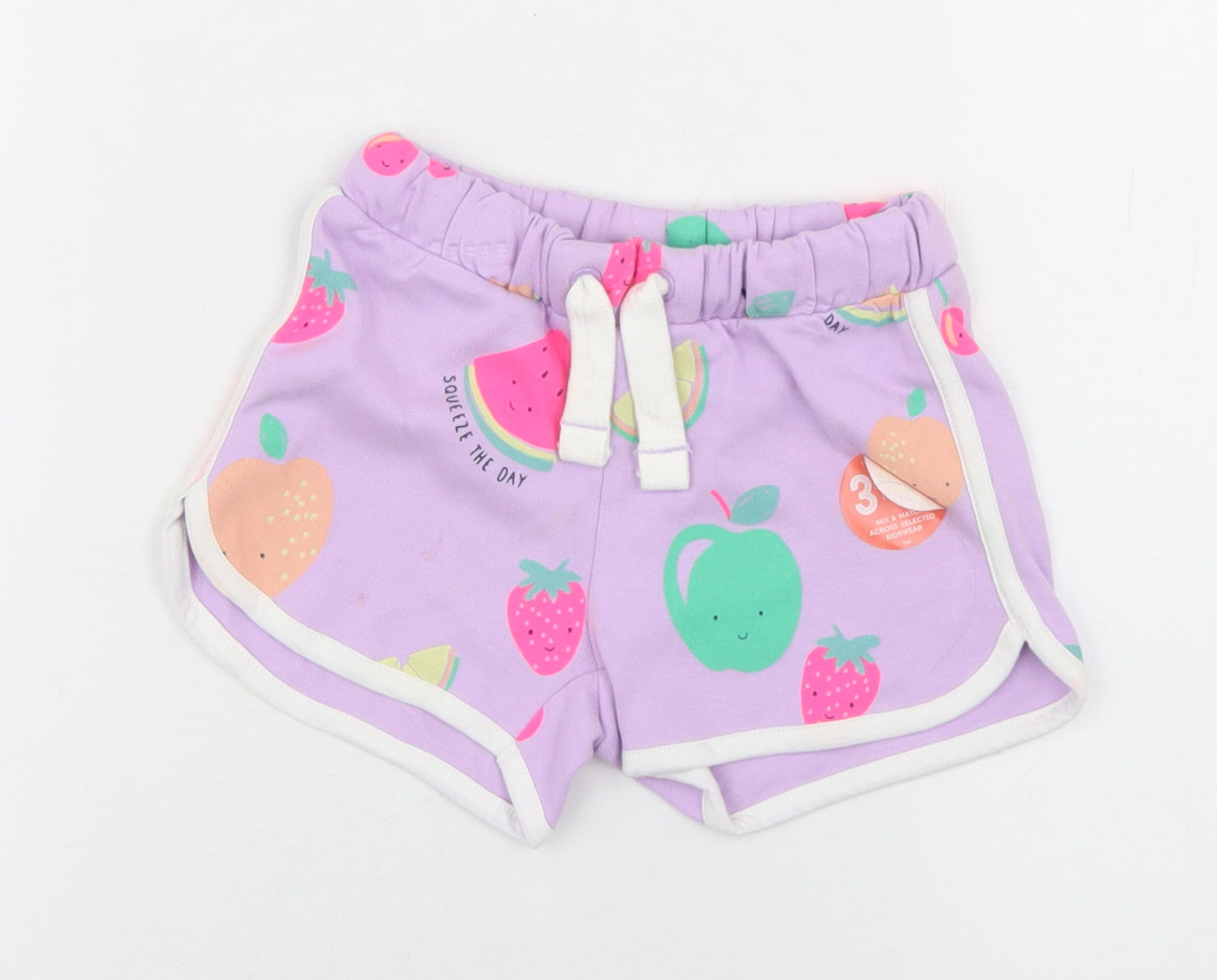 Marks and Spencer Girls Purple Geometric Cotton Sweat Shorts Size 2-3 Years  Regular Drawstring - Fruit Print