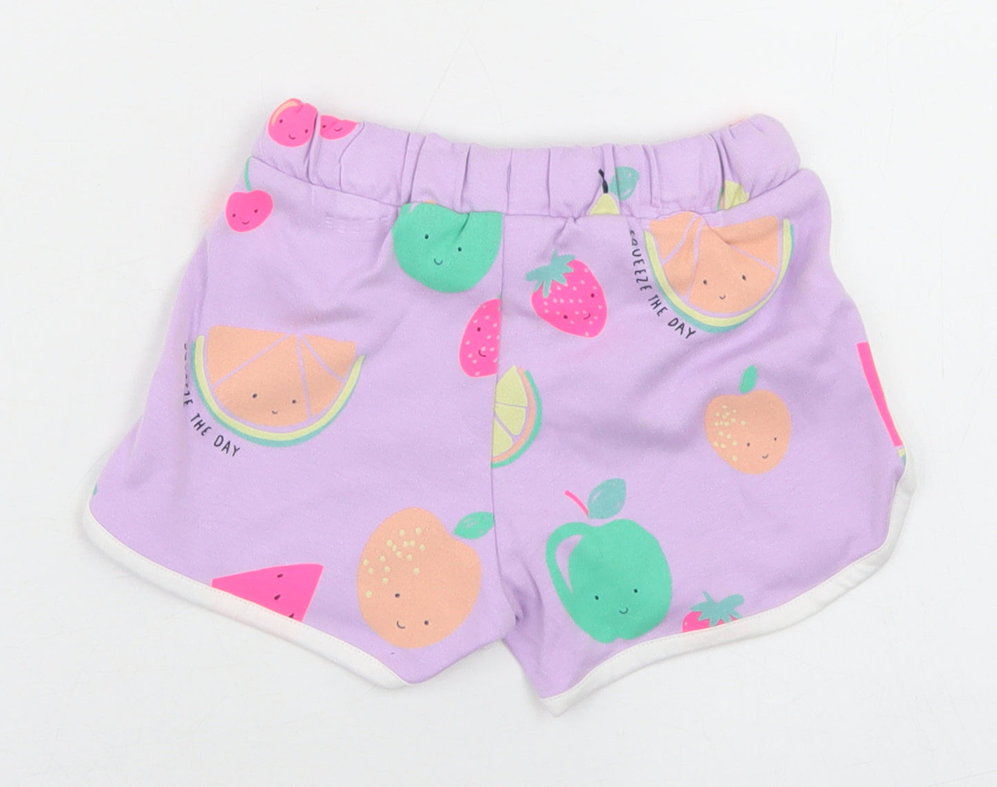 Marks and Spencer Girls Purple Geometric Cotton Sweat Shorts Size 2-3 Years  Regular Drawstring - Fruit Print