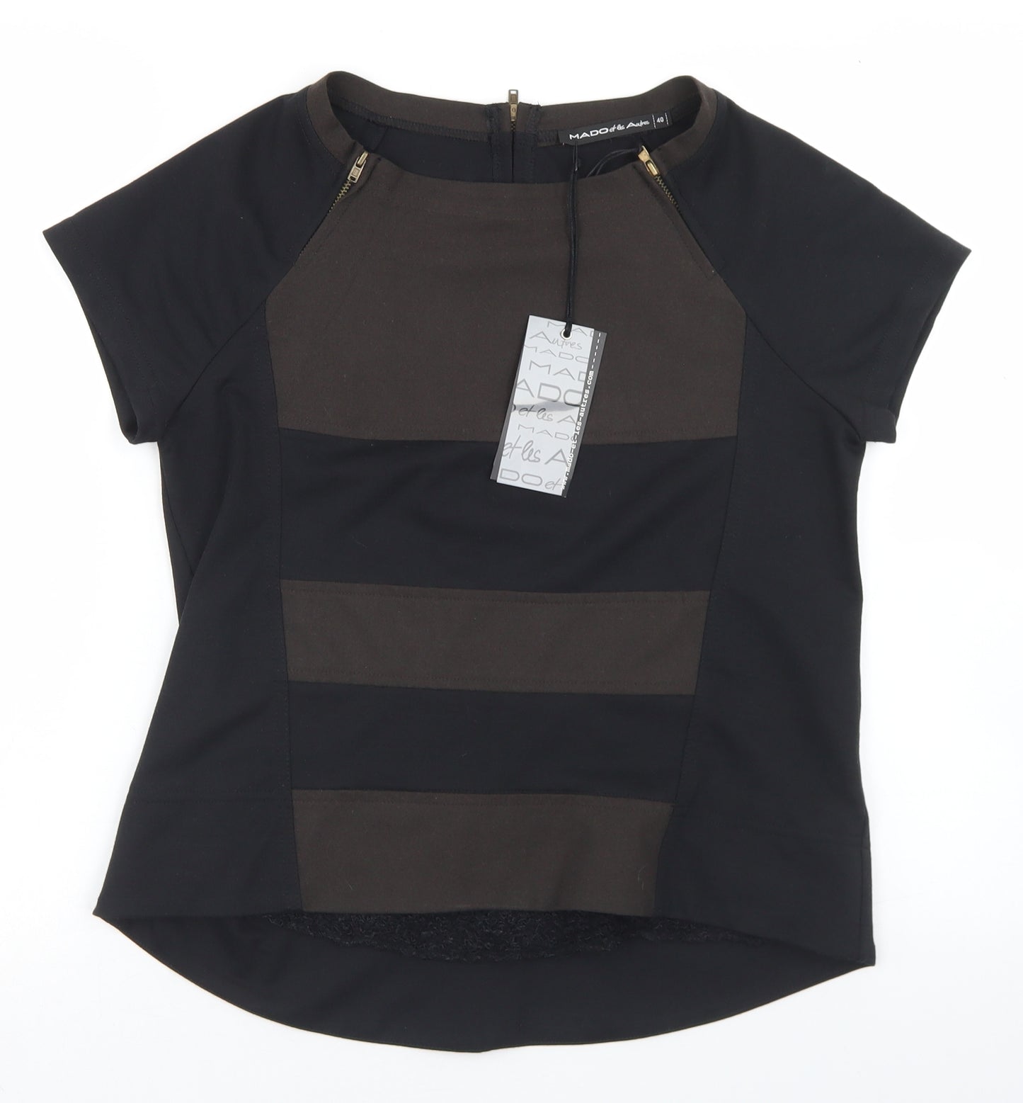 Mado et les Autres Womens Black Colourblock Polyester Basic T-Shirt Size 12 Round Neck