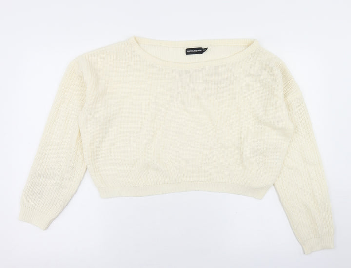 PRETTYLITTLETHING Womens White Round Neck  Acrylic Pullover Jumper Size S