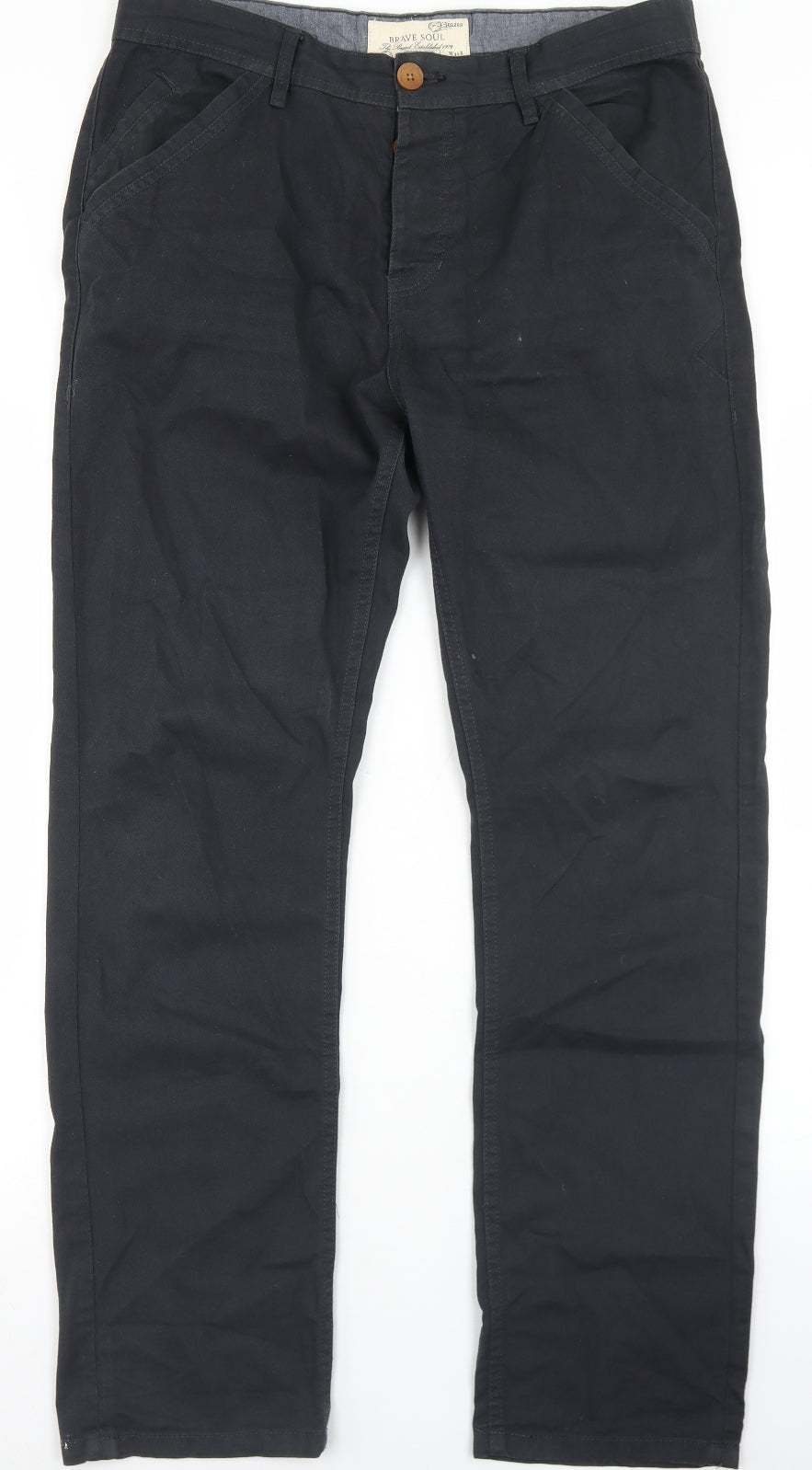 Brave Soul Mens Black  Cotton Chino Trousers Size 32 in L30 in Regular Button