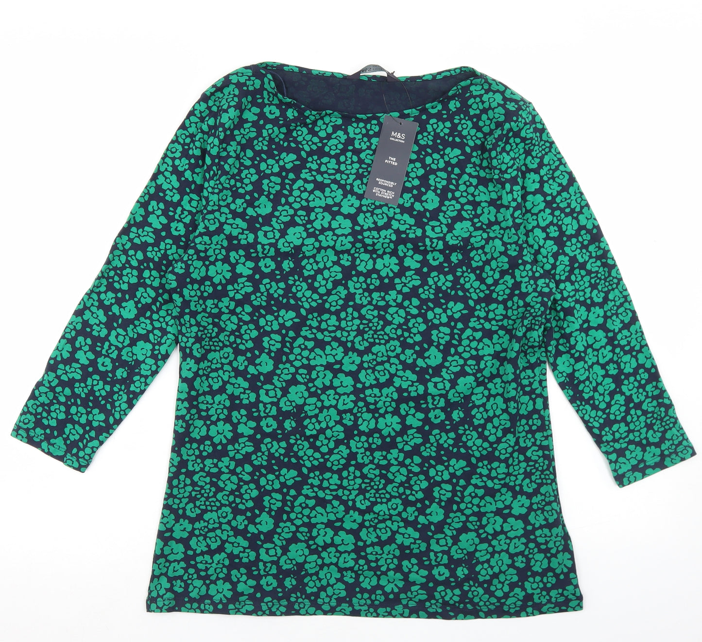 Marks and Spencer Womens Blue Floral Cotton Basic T-Shirt Size 14 Round Neck