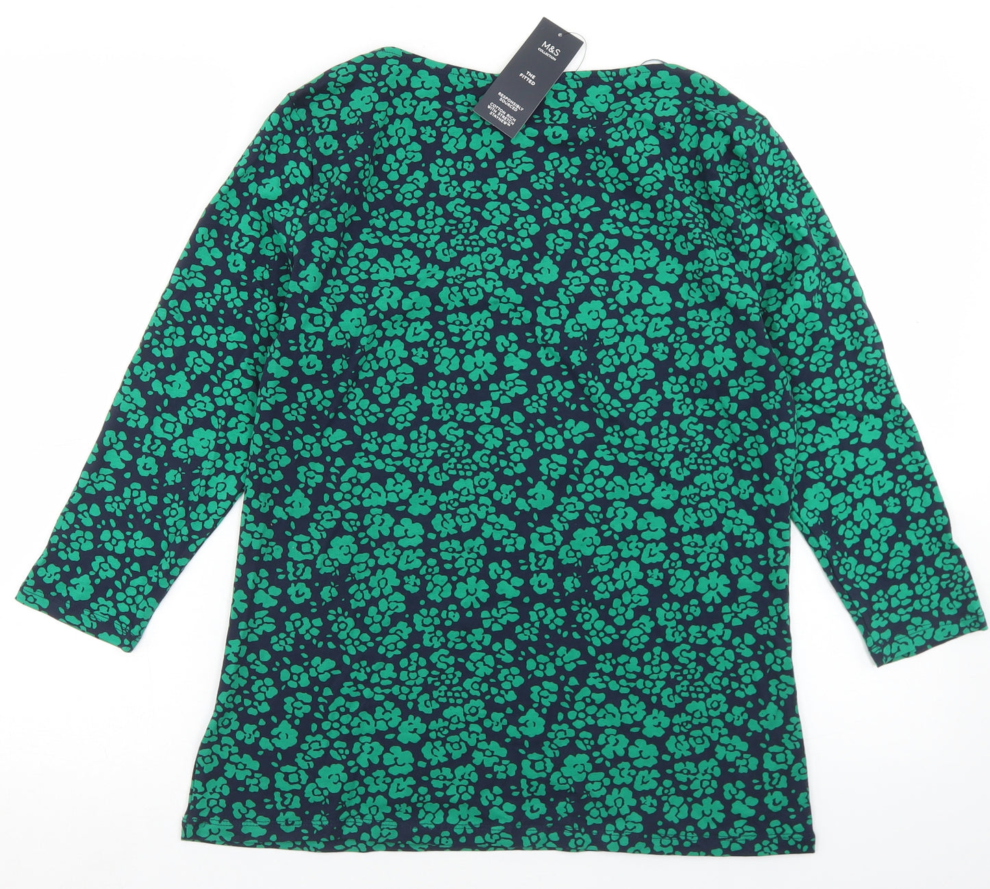 Marks and Spencer Womens Blue Floral Cotton Basic T-Shirt Size 14 Round Neck