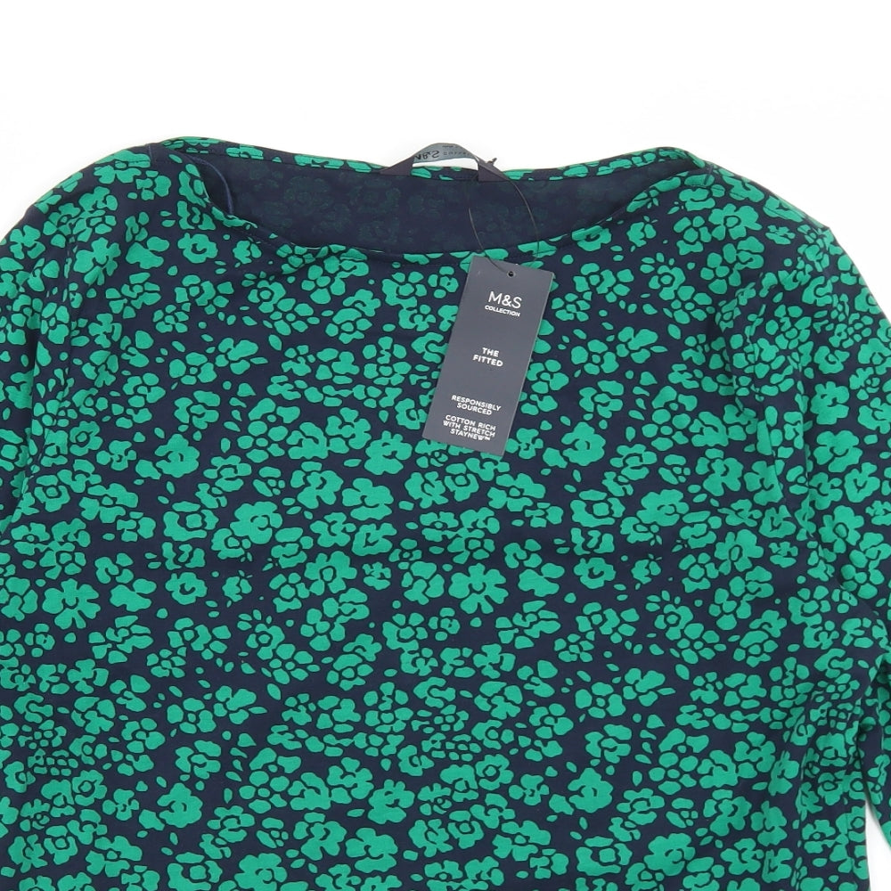Marks and Spencer Womens Blue Floral Cotton Basic T-Shirt Size 14 Round Neck
