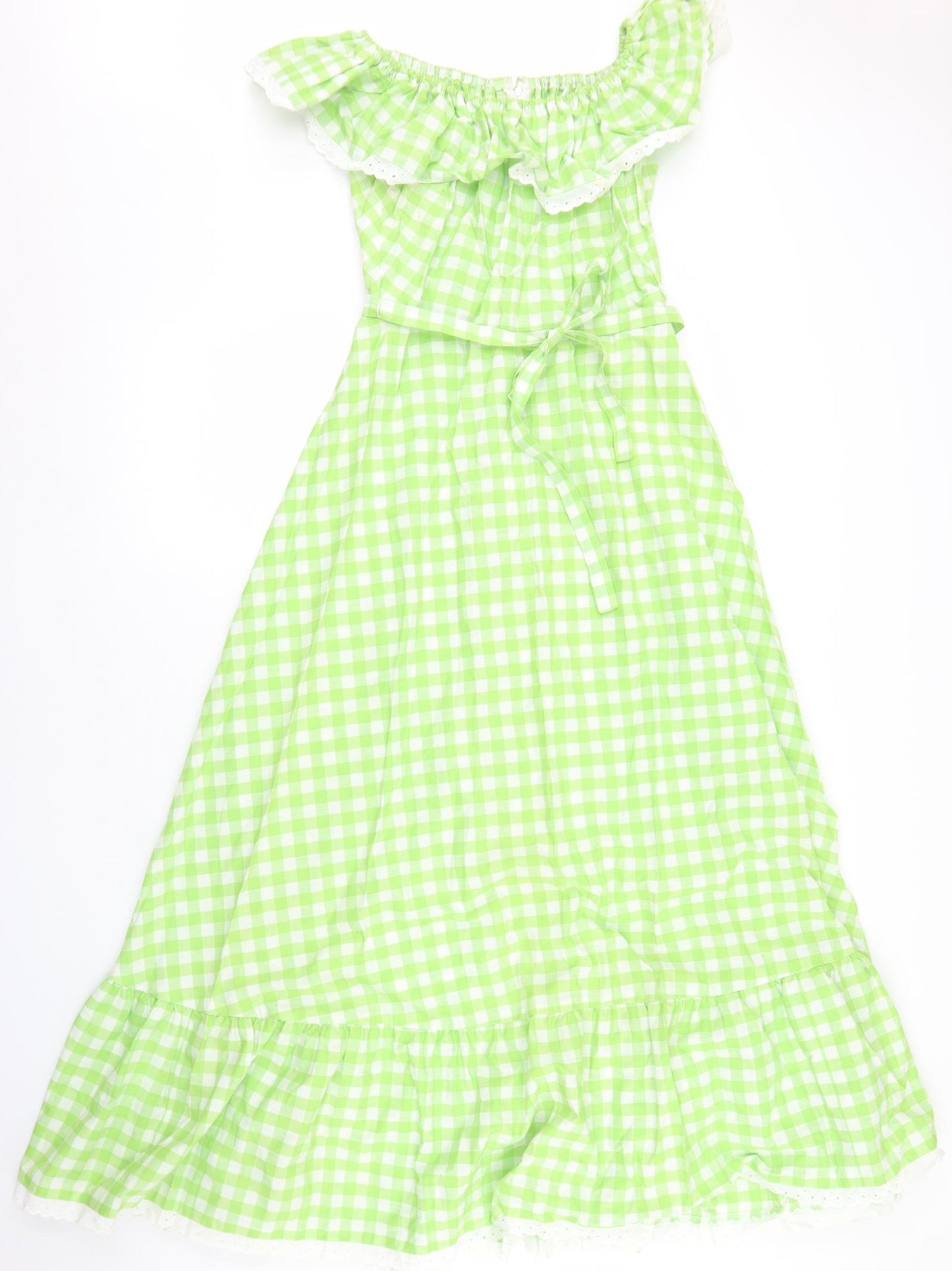 Susie G Womens Green Gingham Cotton Fit & Flare  Size 16  Off the Shoulder Zip