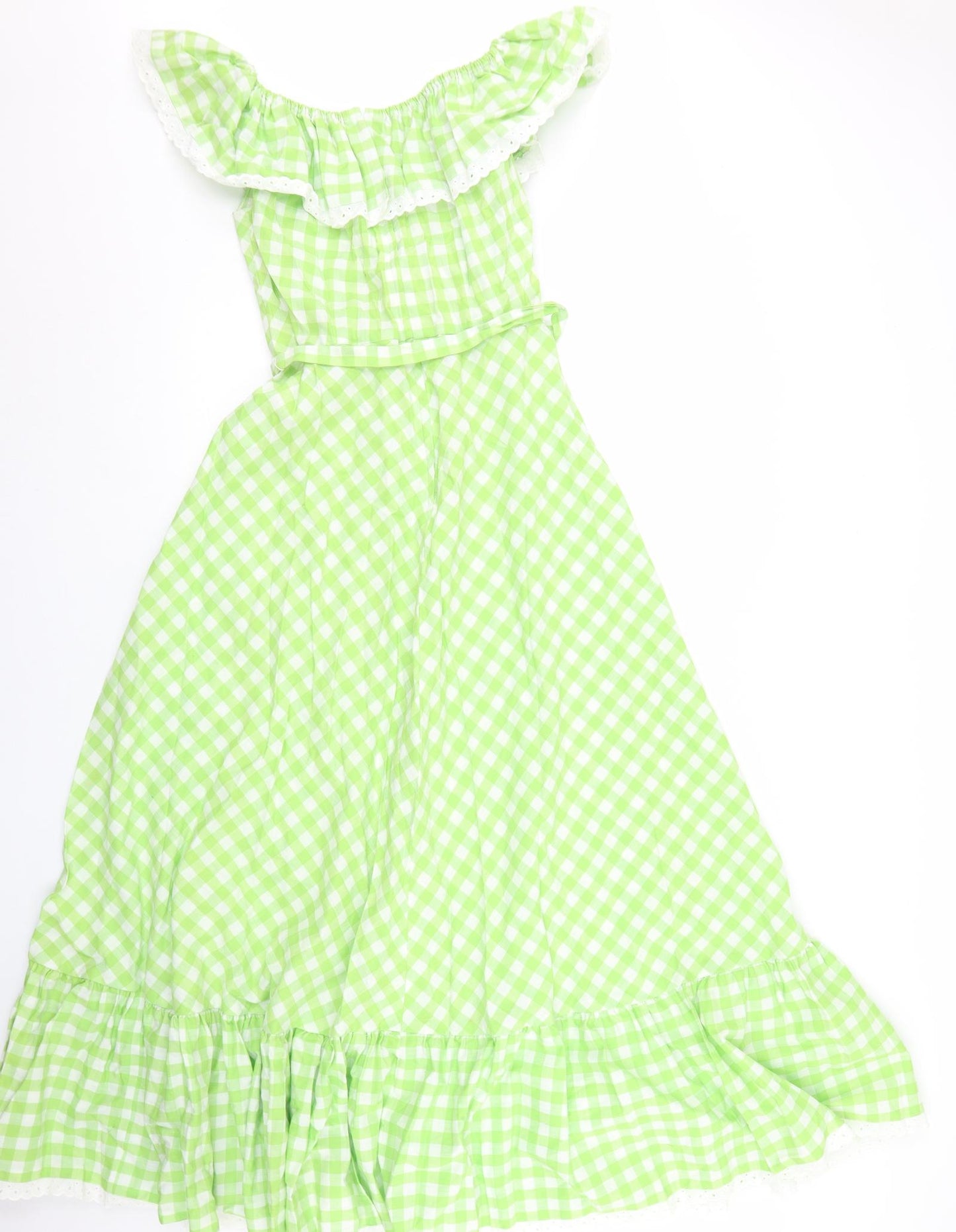 Susie G Womens Green Gingham Cotton Fit & Flare  Size 16  Off the Shoulder Zip