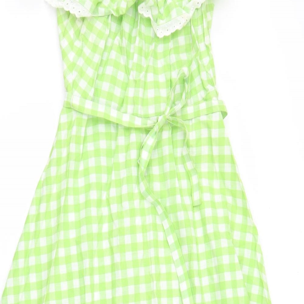 Susie G Womens Green Gingham Cotton Fit & Flare  Size 16  Off the Shoulder Zip