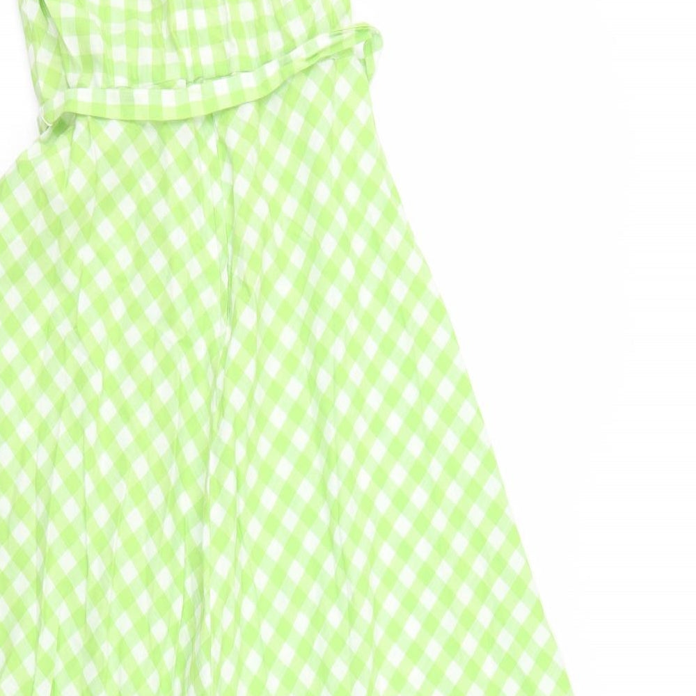 Susie G Womens Green Gingham Cotton Fit & Flare  Size 16  Off the Shoulder Zip