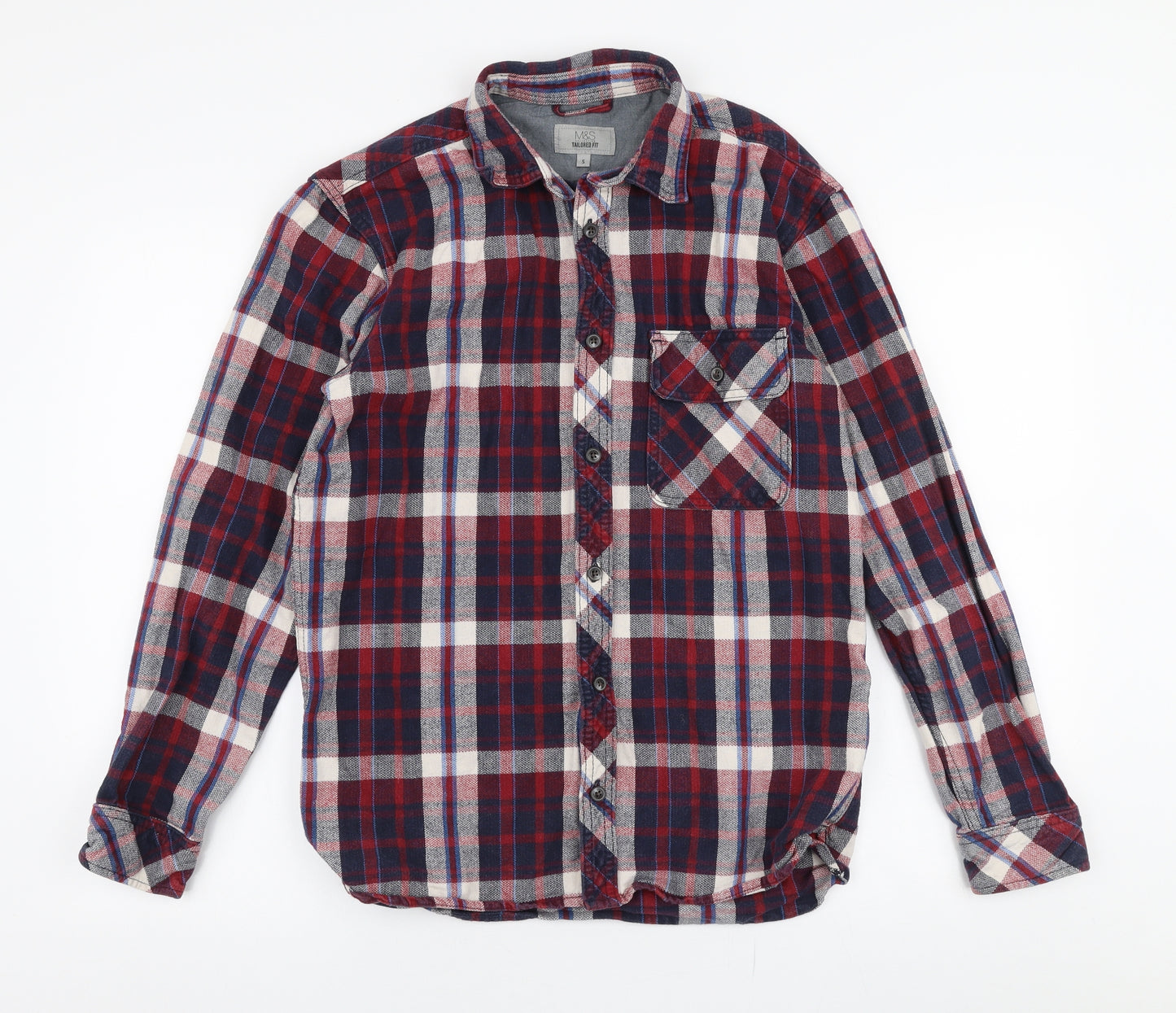 Marks and Spencer Mens Multicoloured Plaid Cotton  Button-Up Size S Collared Button