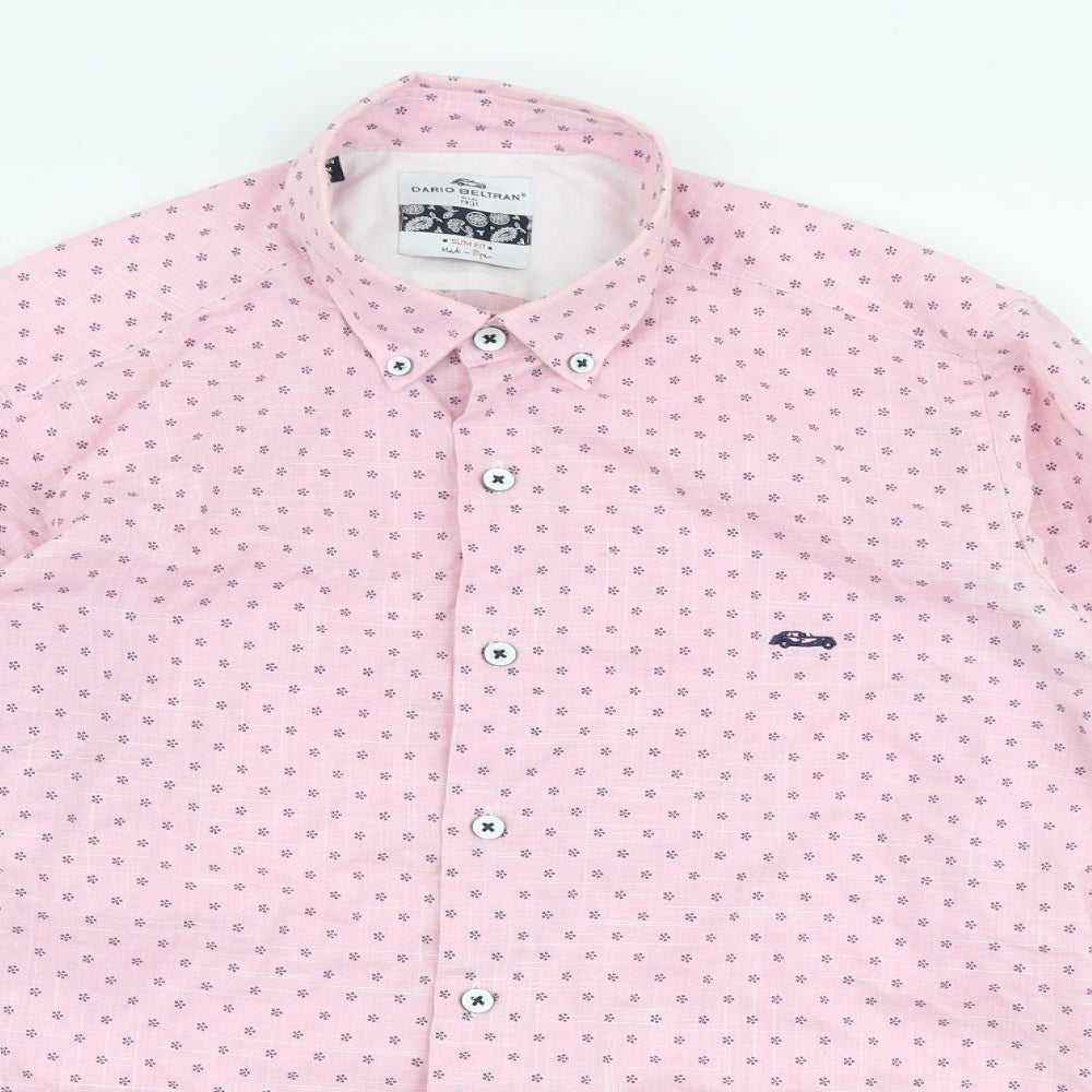 Dario Beltran Mens Pink Floral Polyester  Button-Up Size M Collared Button