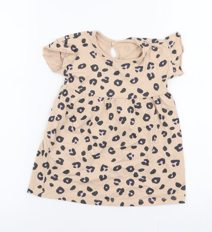 George Girls Beige Animal Print 100% Cotton Skater Dress Size 9-12 Months Round Neck Pullover