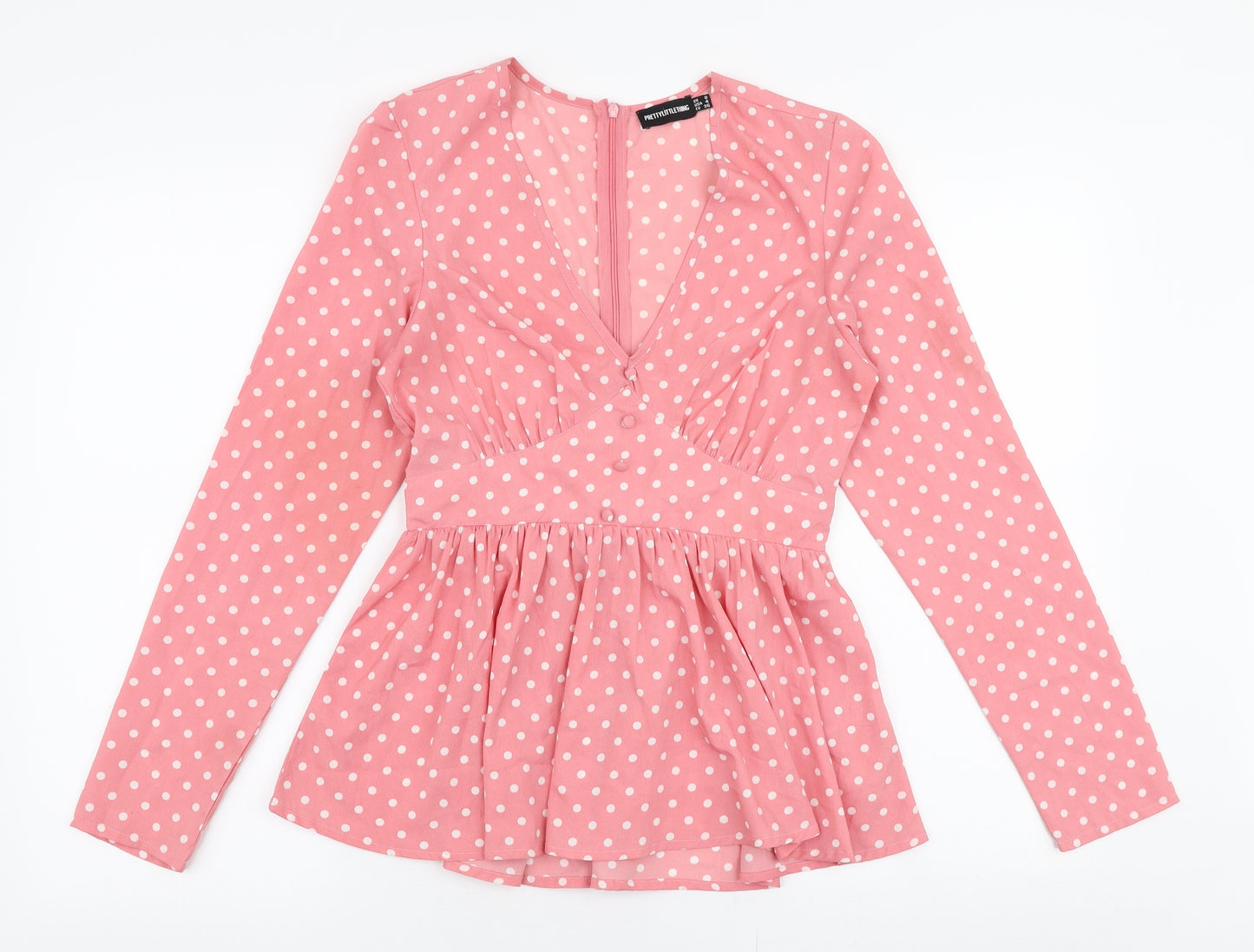 PRETTYLITTLETHING Womens Pink Polka Dot Polyester Basic Blouse Size 8 V-Neck - Peplum
