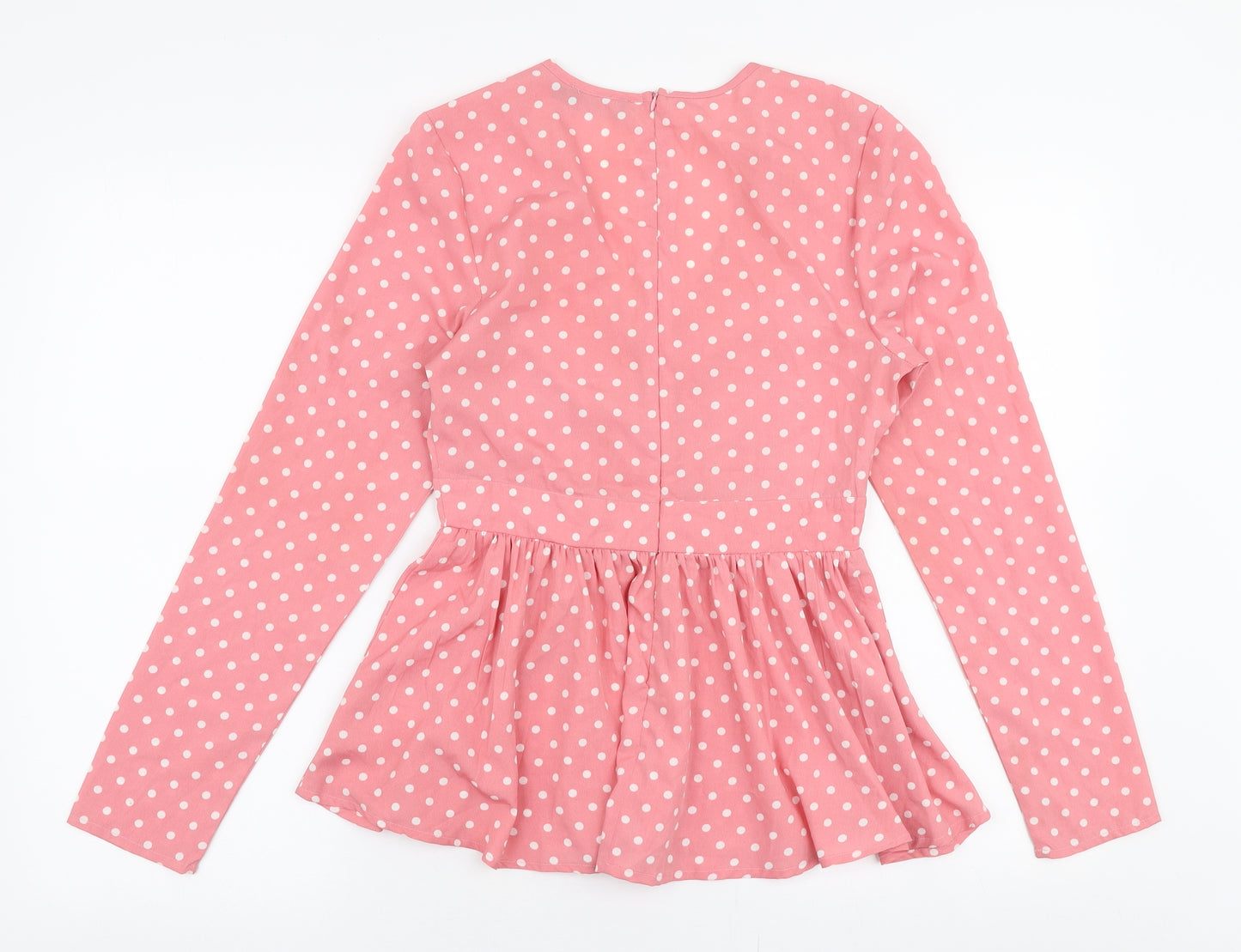 PRETTYLITTLETHING Womens Pink Polka Dot Polyester Basic Blouse Size 8 V-Neck - Peplum