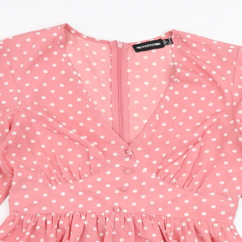 PRETTYLITTLETHING Womens Pink Polka Dot Polyester Basic Blouse Size 8 V-Neck - Peplum