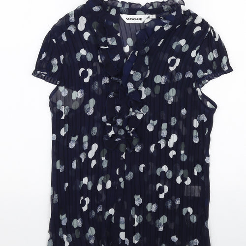 Vogue Womens Blue Polka Dot Polyester Basic Blouse Size 12 High Neck