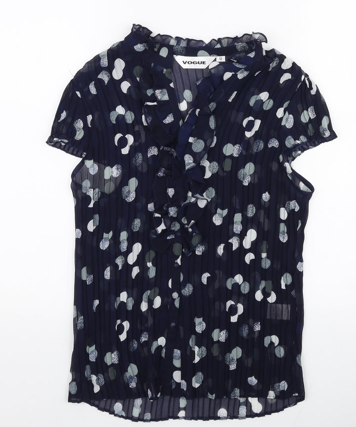 Vogue Womens Blue Polka Dot Polyester Basic Blouse Size 12 High Neck
