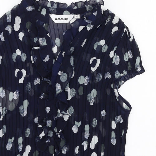 Vogue Womens Blue Polka Dot Polyester Basic Blouse Size 12 High Neck