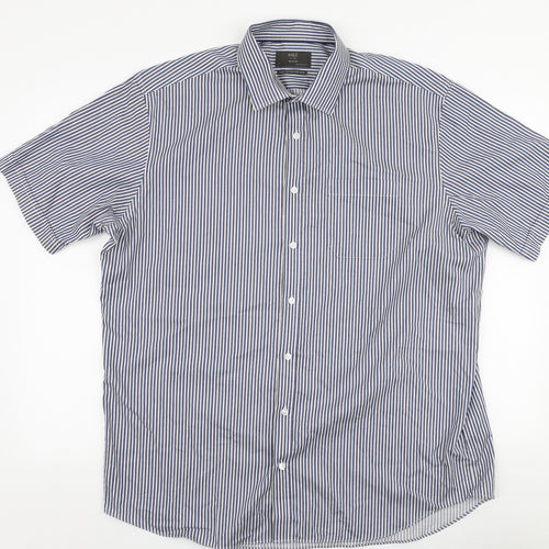 Marks and Spencer Mens Blue Striped Cotton  Button-Up Size 17 Collared Button