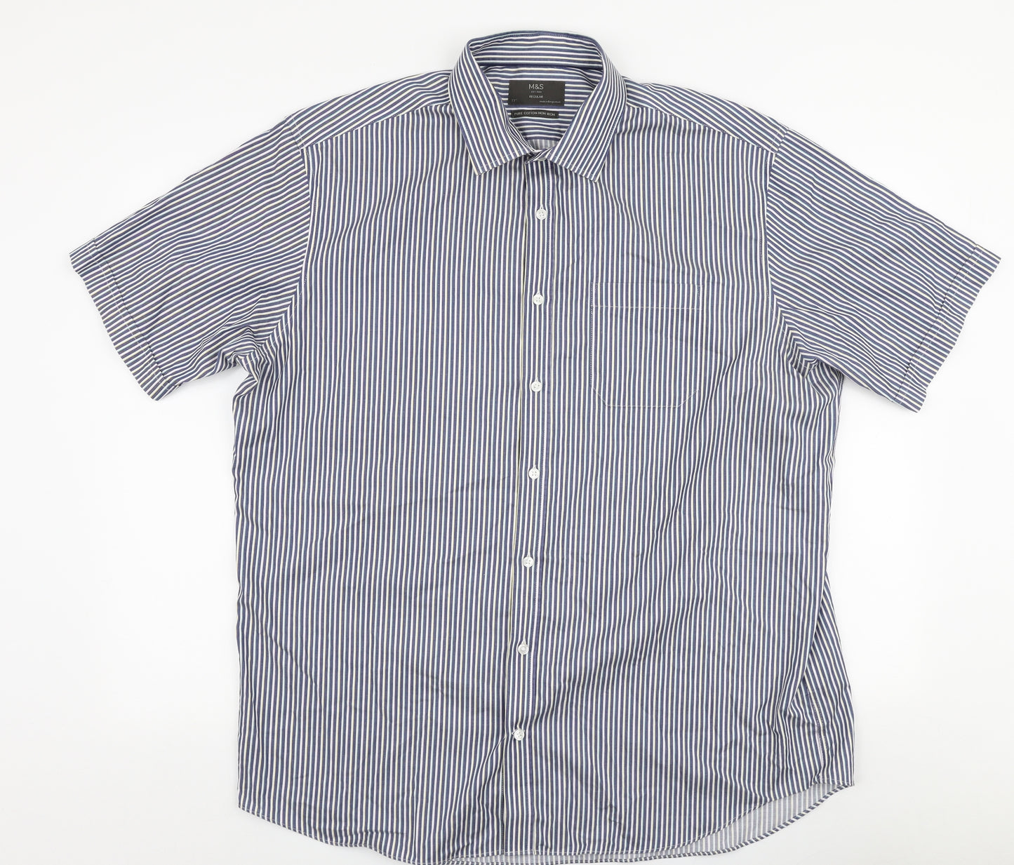 Marks and Spencer Mens Blue Striped Cotton  Button-Up Size 17 Collared Button