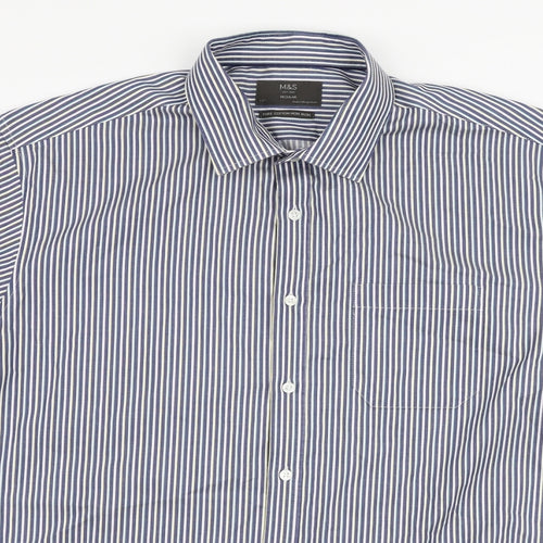 Marks and Spencer Mens Blue Striped Cotton  Button-Up Size 17 Collared Button