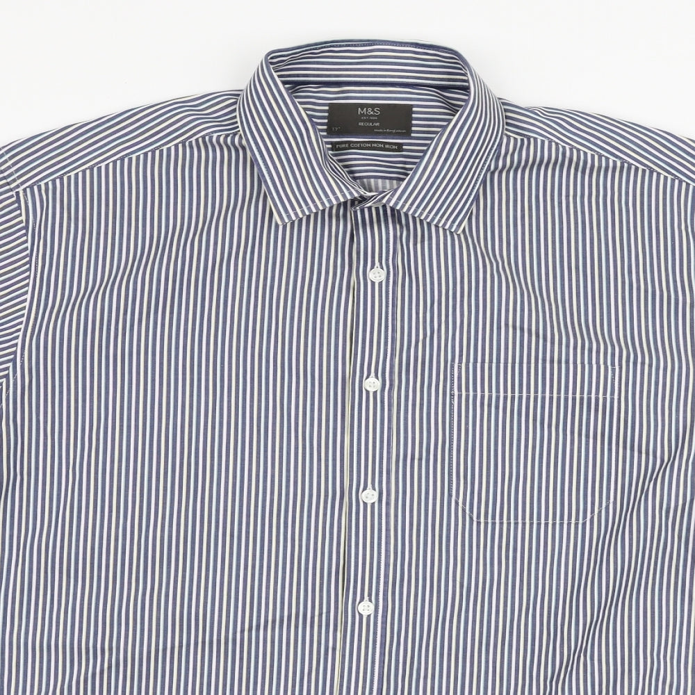 Marks and Spencer Mens Blue Striped Cotton  Button-Up Size 17 Collared Button