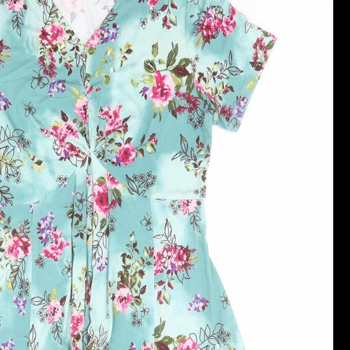 Honor Milburn Womens Blue Floral Viscose T-Shirt Dress  Size 14  V-Neck Pullover